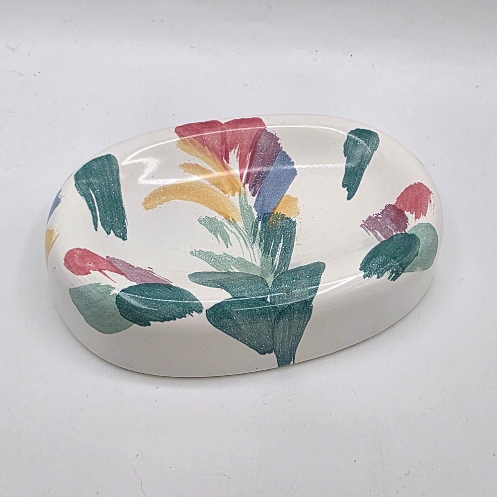 Vintage Hand Painted Ceramic Soap Dish Abstract Floral Oval Artisanal